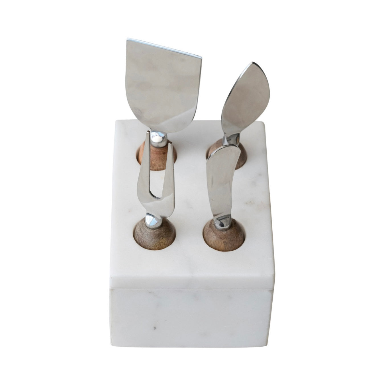 Stainless Steel Cheese Servers w/ Mango Wood Handles & Marble Stand