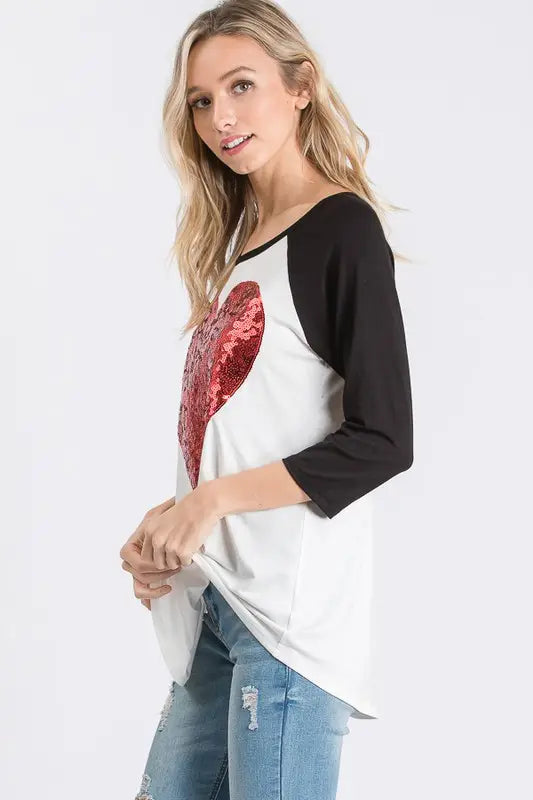 Red Sequins Valentine Heart Patch Top