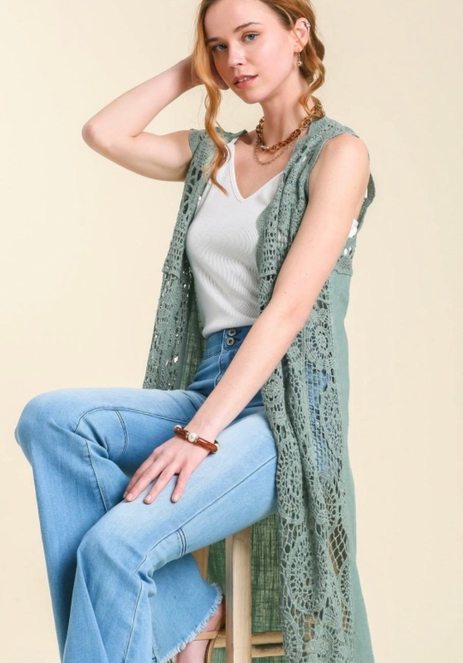 Linen Sleeveless Maxi Crochet Kimono