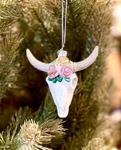 Floral Cow Skull Glass Ornament