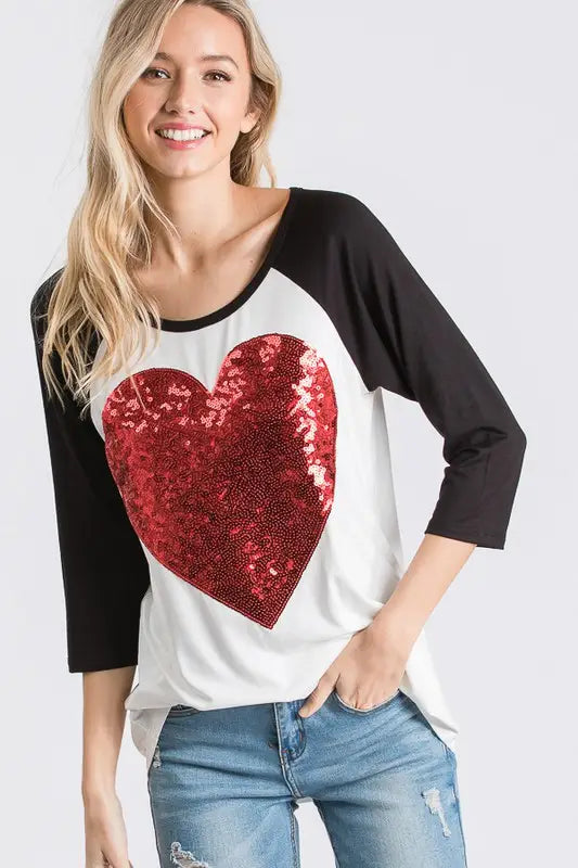 Red Sequins Valentine Heart Patch Top