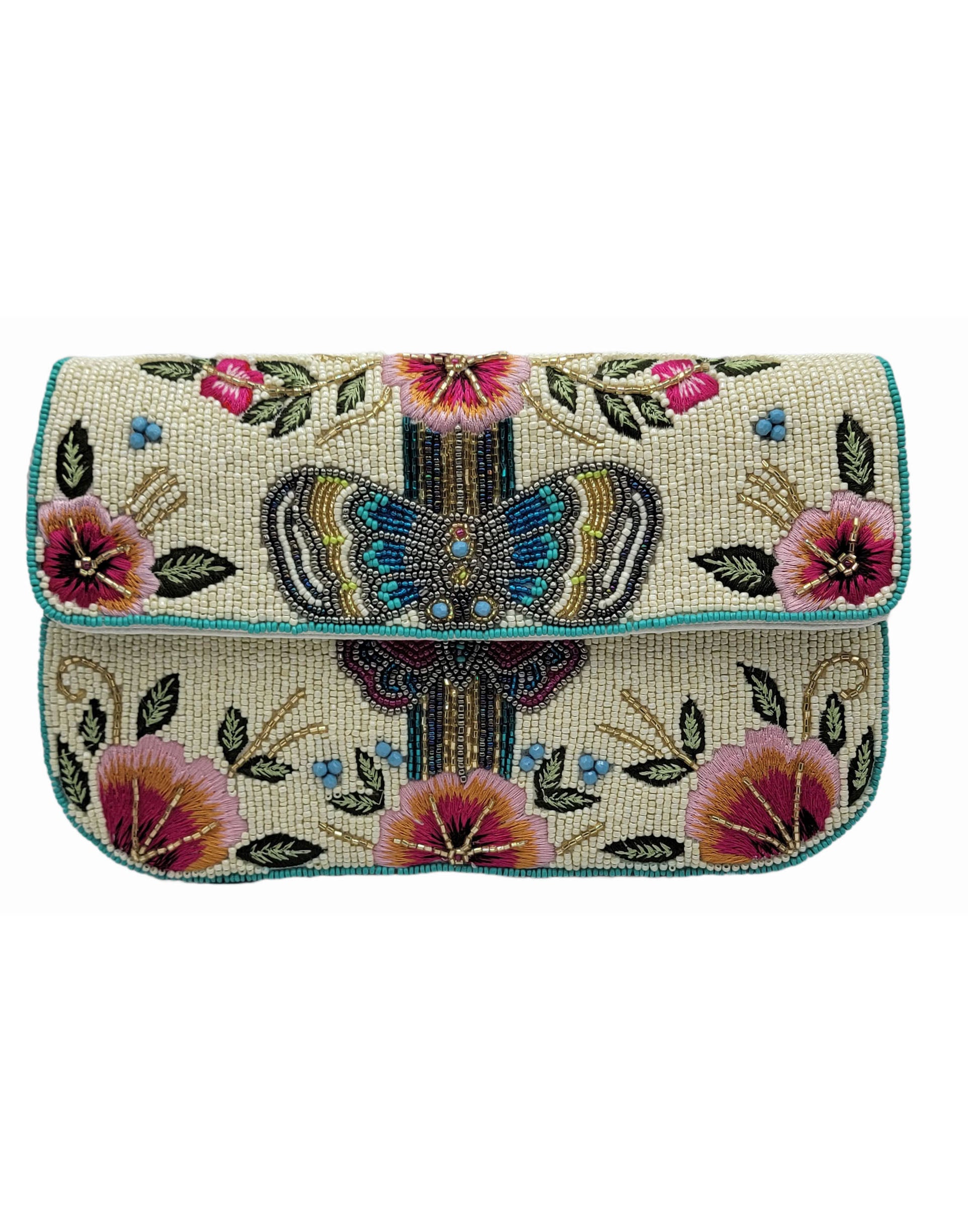 Butterfly Pink Florals Beaded Clutch