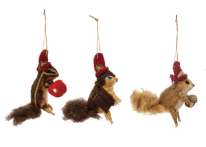 Wood Felt Squirrel in Hat Ornament, 3 Styles