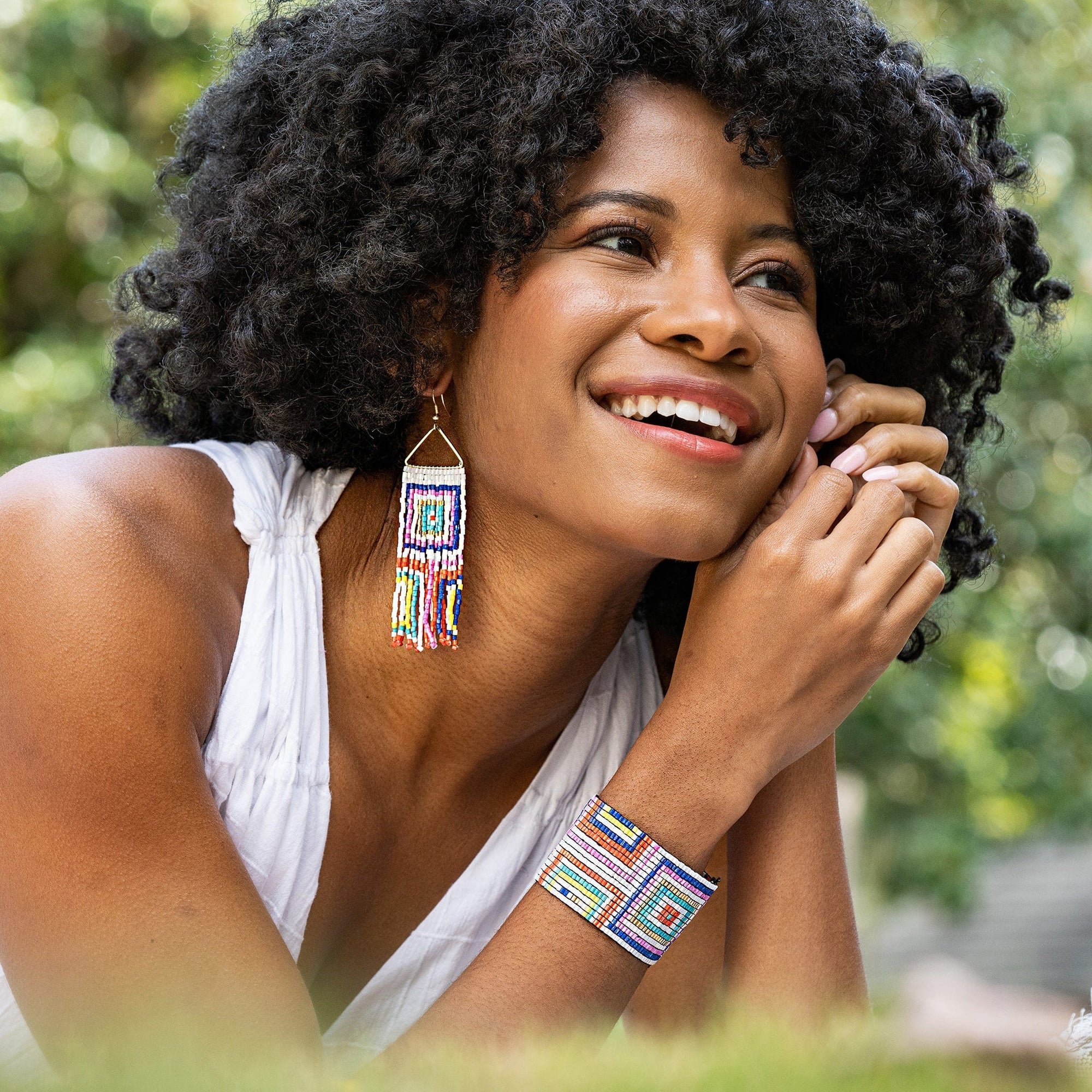 Neon White Square Fringe Earrings