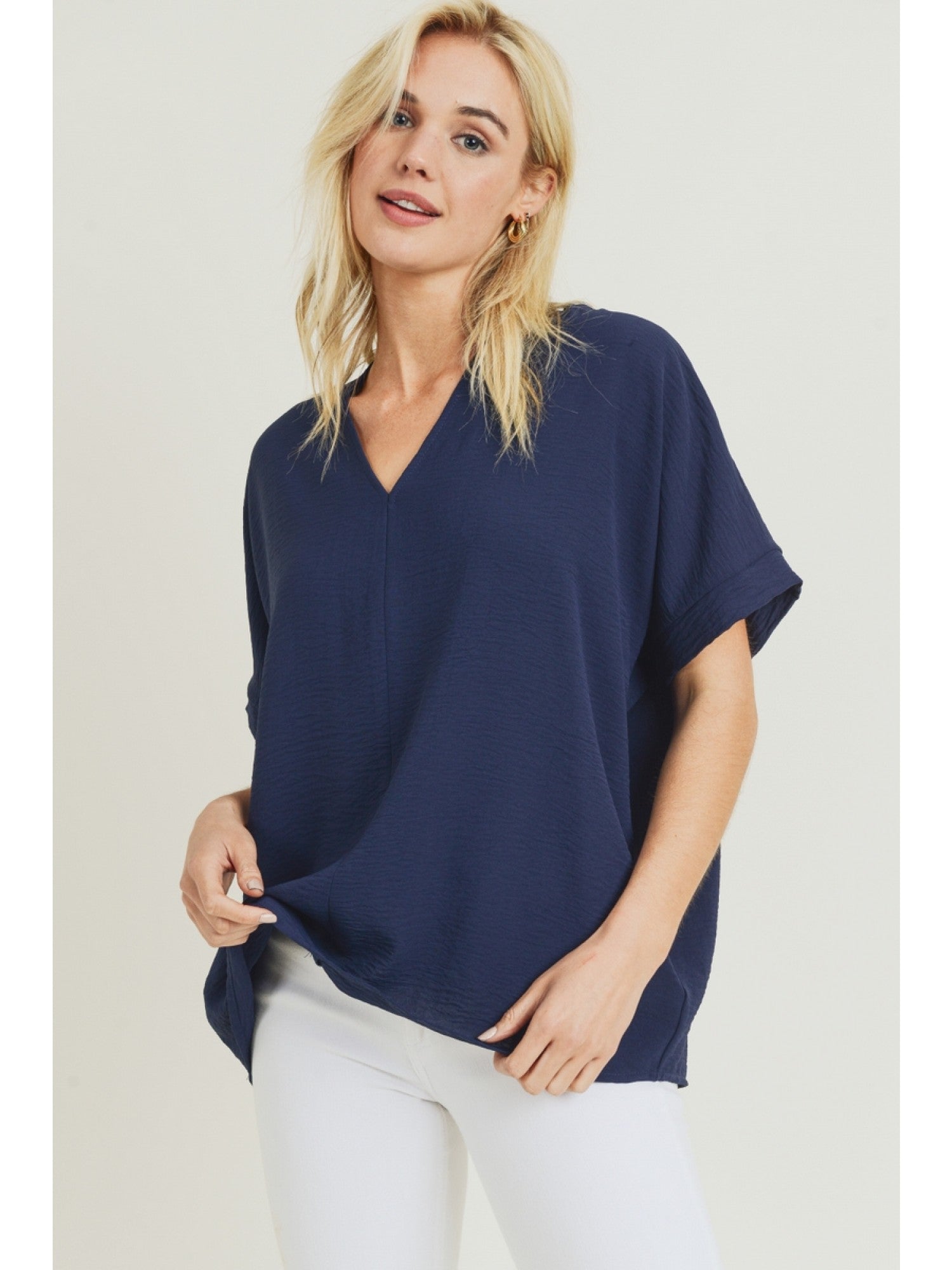 Solid Boxy Top With V-Neck