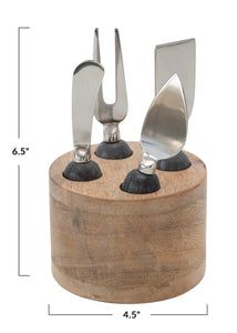 Cheese Knives w/Marble Handles & Mango Wood Stand