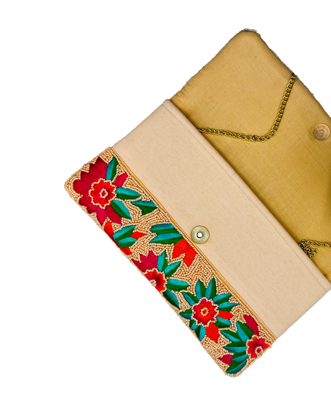 Embroidered Pink And Orange Flowers Beaded Clutch