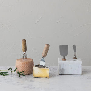 Stainless Steel Cheese Servers w/ Mango Wood Handles & Marble Stand