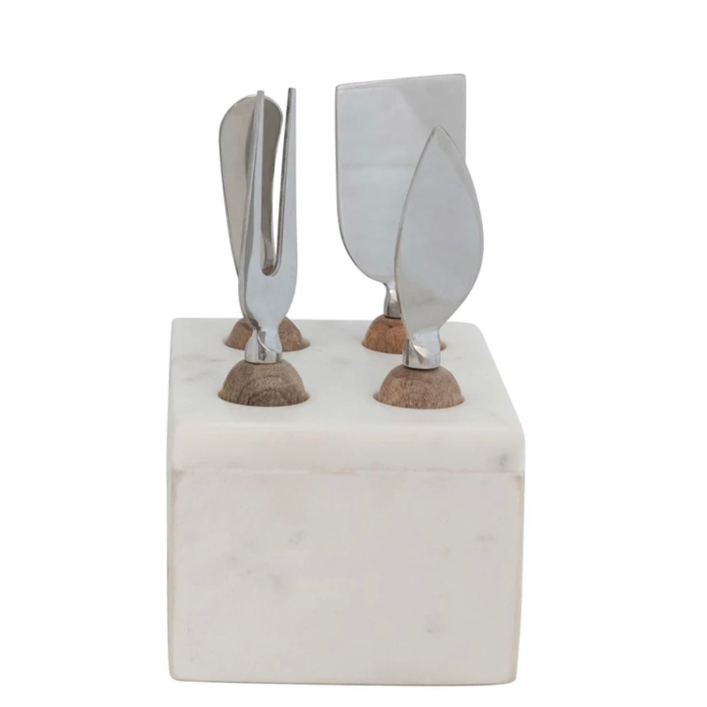 Stainless Steel Cheese Servers w/ Mango Wood Handles & Marble Stand