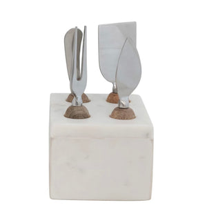 Stainless Steel Cheese Servers w/ Mango Wood Handles & Marble Stand