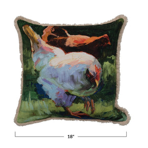 18" Square Cotton Pillow with Fringe & Chicken Image