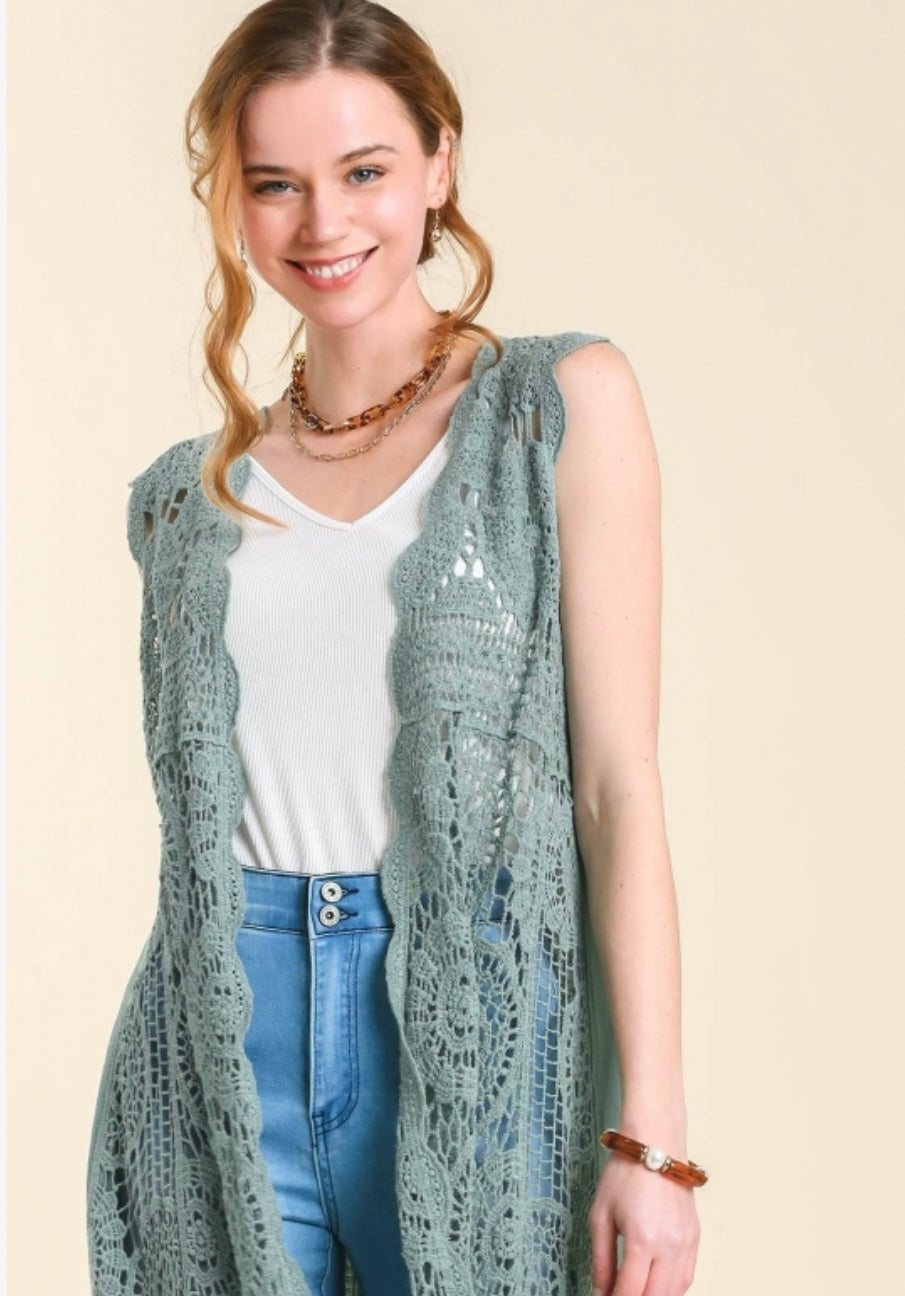 Linen Sleeveless Maxi Crochet Kimono