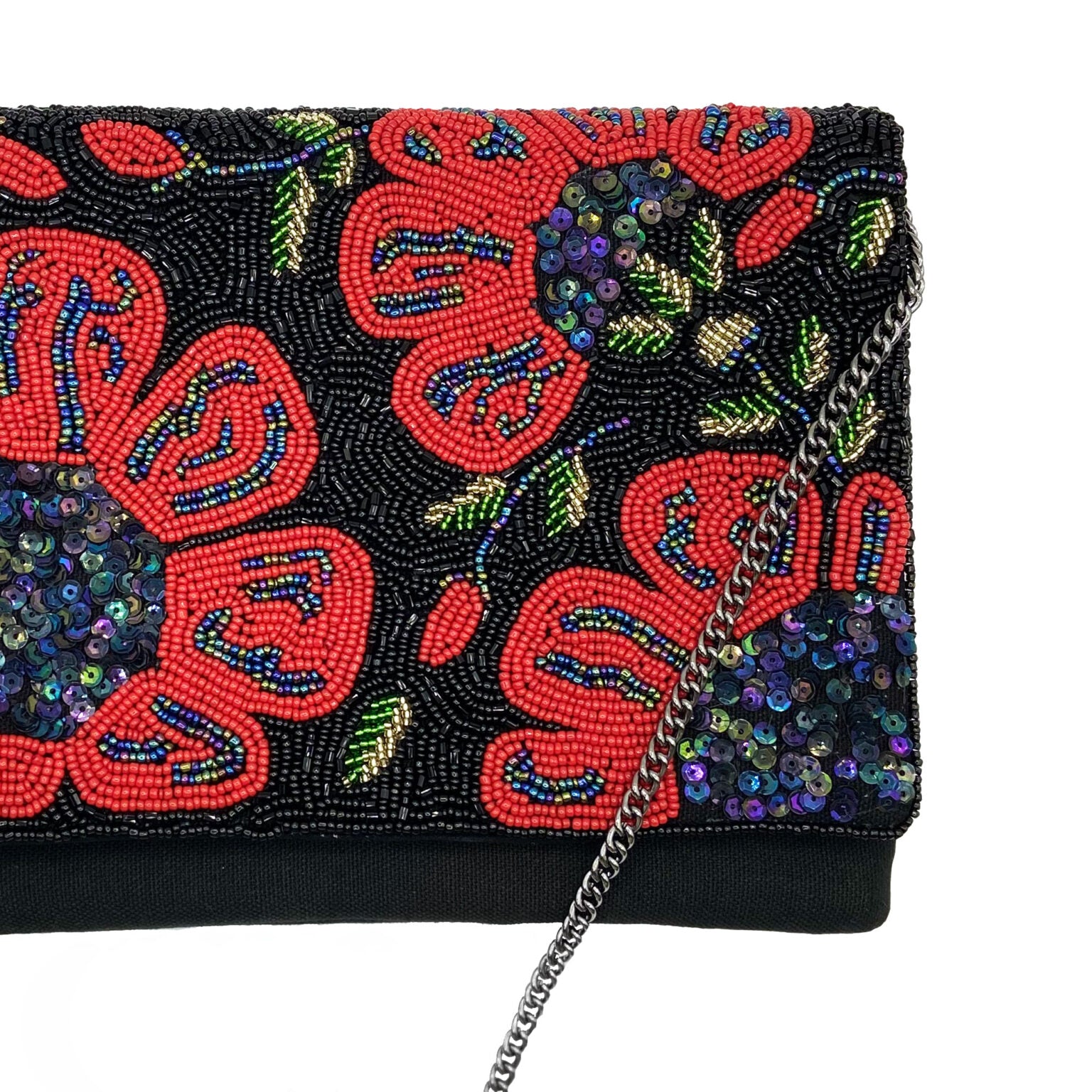 Red Flowers With Leaves Black Beaded Clutch