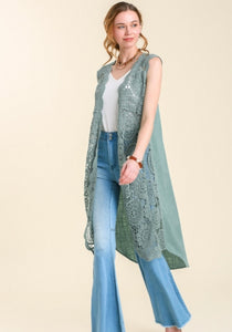 Linen Sleeveless Maxi Crochet Kimono