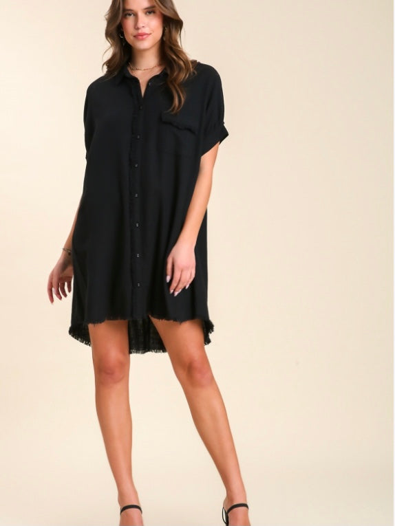 Linen Blend Button Up Collared Shirt Dress