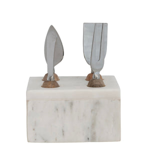 Stainless Steel Cheese Servers w/ Mango Wood Handles & Marble Stand