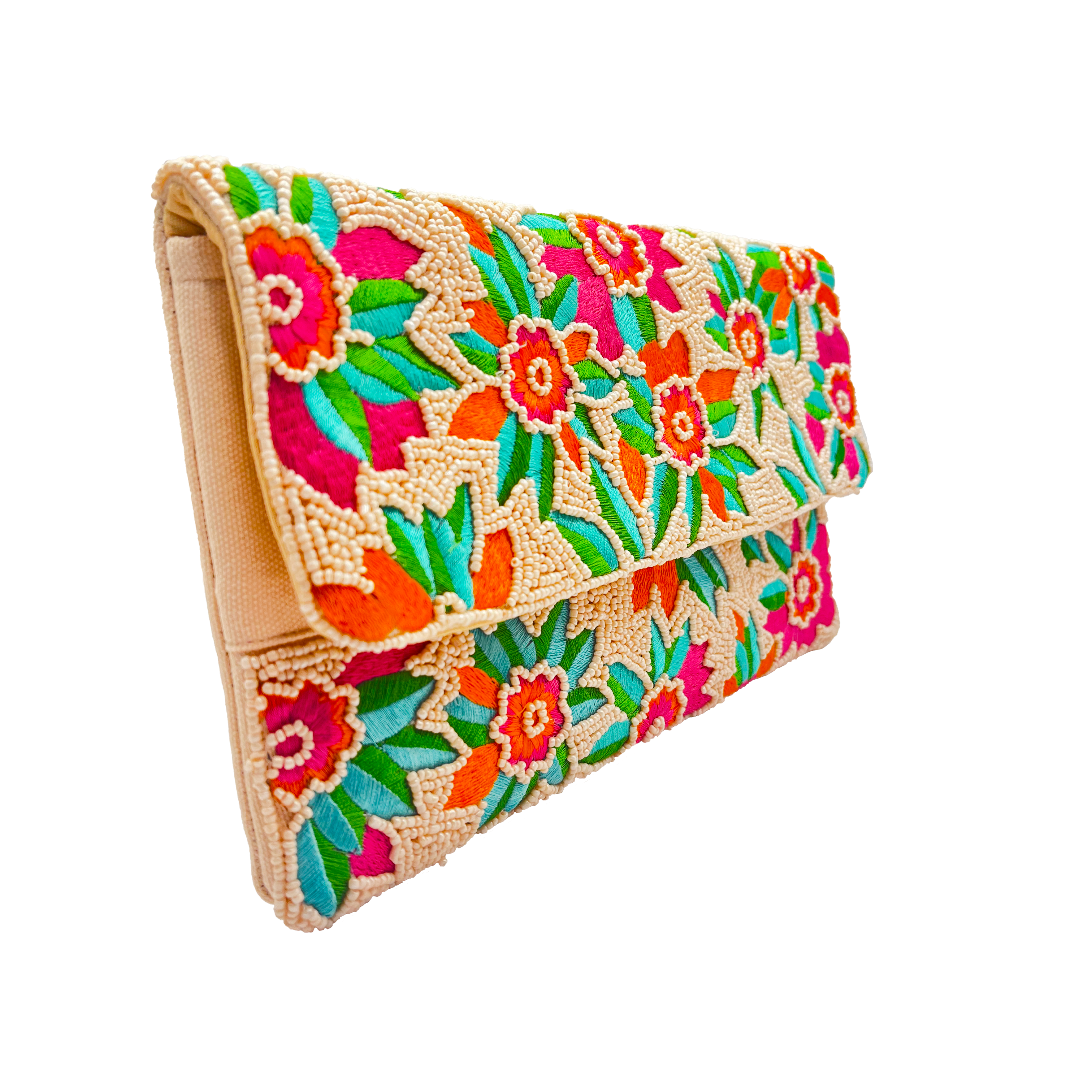 Embroidered Pink And Orange Flowers Beaded Clutch