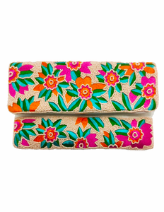 Embroidered Pink And Orange Flowers Beaded Clutch