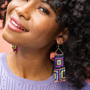 Neon Black Square Fringe Earrings