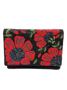 Red Flowers With Leaves Black Beaded Clutch