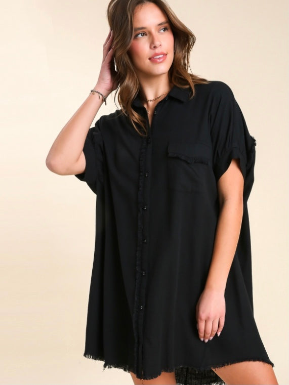 Linen Blend Button Up Collared Shirt Dress