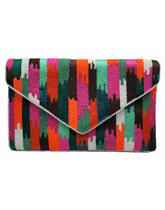 Multicolored Block Drip Lines Embroidered And Beaded Clutch