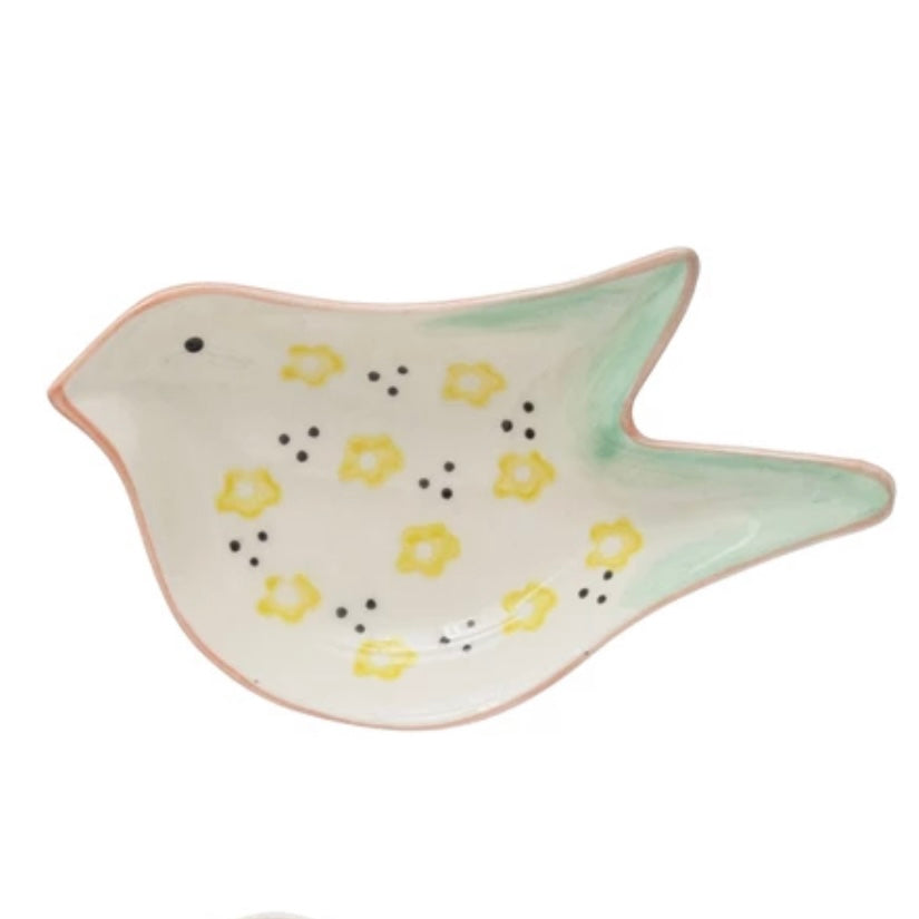 Hand-Painted Stoneware Bird Shaped Dish