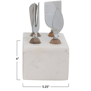 Stainless Steel Cheese Servers w/ Mango Wood Handles & Marble Stand