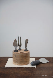 Cheese Knives w/Marble Handles & Mango Wood Stand