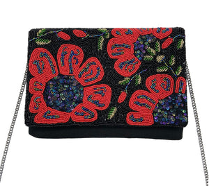 Red Flowers With Leaves Black Beaded Clutch