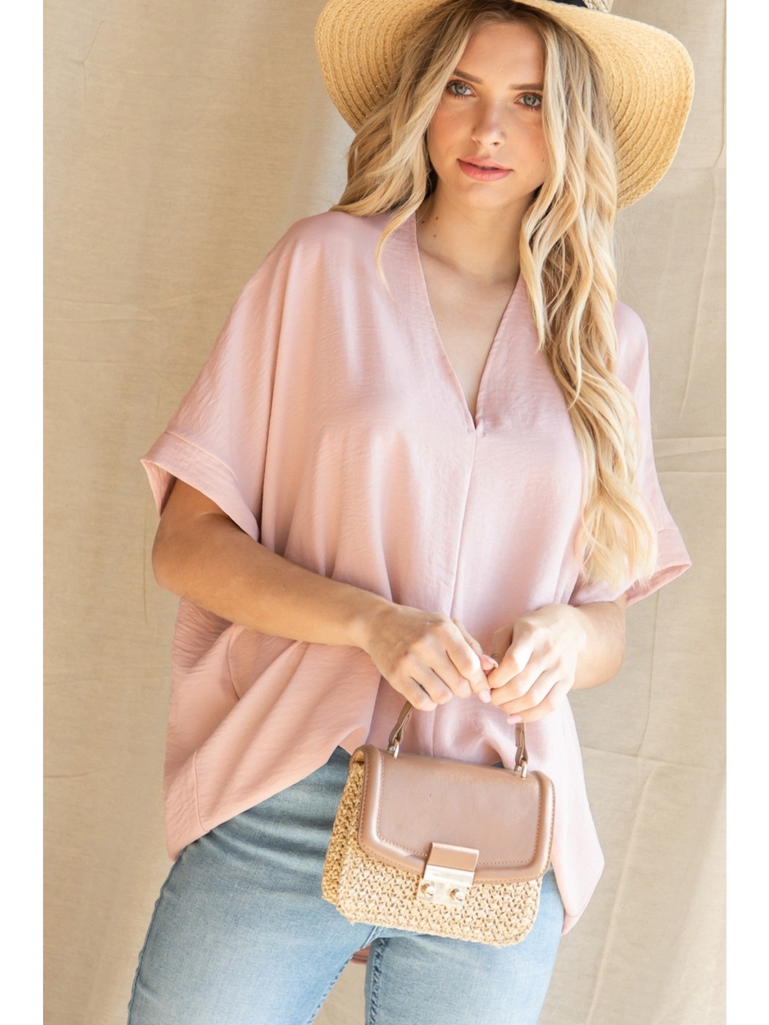 Solid Boxy Top With V-Neck