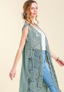 Linen Sleeveless Maxi Crochet Kimono