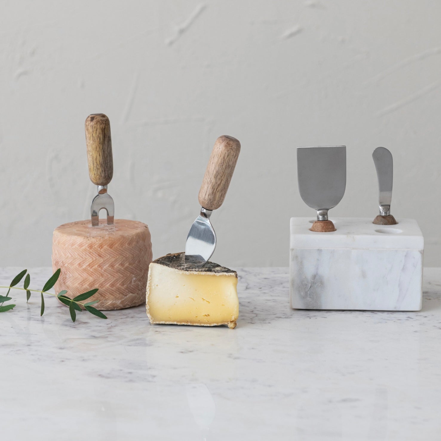 Stainless Steel Cheese Servers w/ Mango Wood Handles & Marble Stand