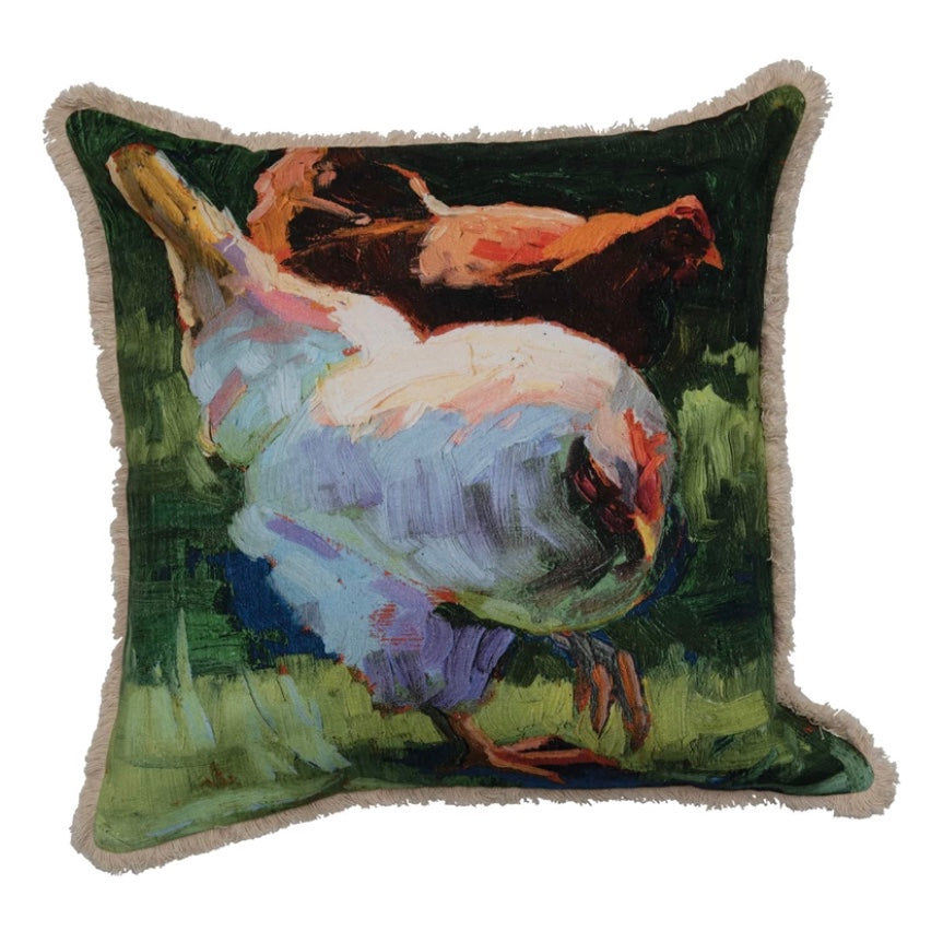 18" Square Cotton Pillow with Fringe & Chicken Image